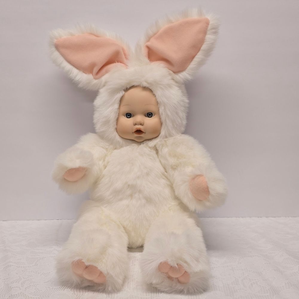 VTG 90s Easter White Faux Fur Baby Face Bunny Rabbit Doll Jointed Neck Arms Legs